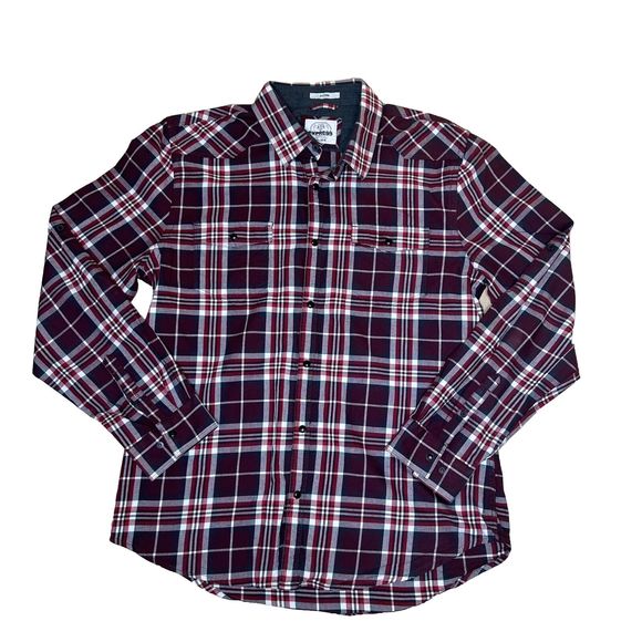 Express Shirt Men’s XL  Red White Plaid Fitted Long Sleeve Button Down Slim Fit - Picture 2 of 7